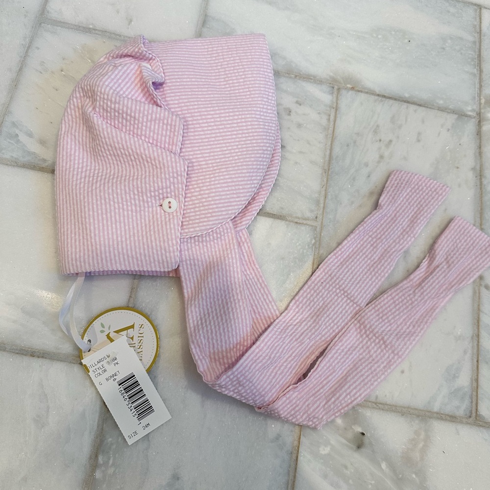 Petit Ami Pink and White Seersucker Bonnet